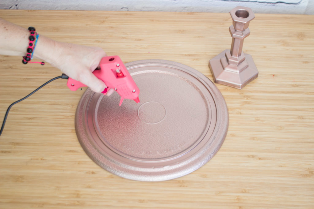 assembling the diy rose gold cake stand